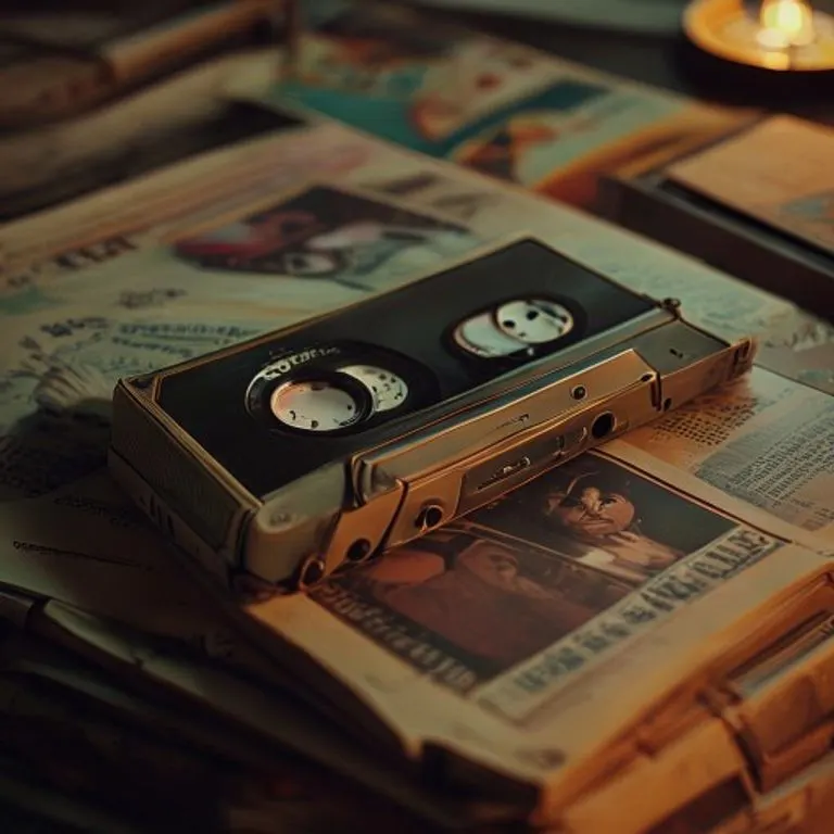 Una cinta de cassette vintage del álbum 'Bad' de Michael Jackson sobre una pila de revistas musicales antiguas, con una iluminación nostálgica.