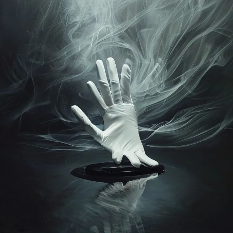 Una elegante y ligeramente desgastada guante blanco sobre una superficie oscura y reflectante, rodeado de patrones de luz y sombra. Simboliza el movimiento de baile y la fama efímera.