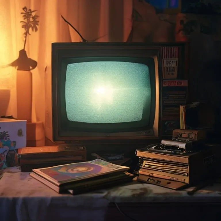 Antiguo televisor de los 90 mostrando estática, rodeado de revistas musicales y un casete, simbolizando el impacto mediático y los cambios culturales de la época.