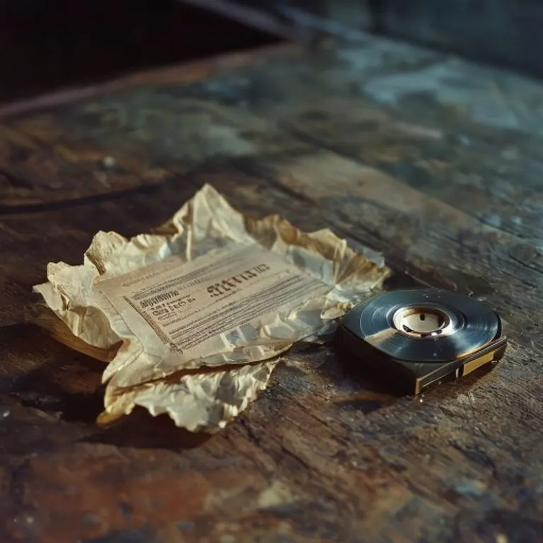 Primer plano de un ticket de concierto de los años 80 arrugado y una cinta de casete vintage sobre una superficie de madera, con iluminación suave y dramática.