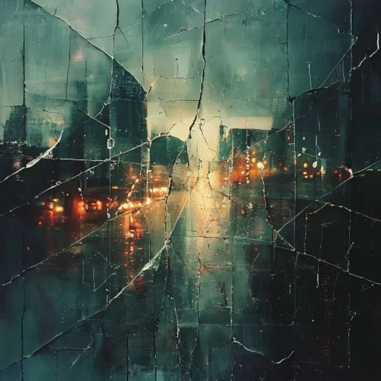 Arte conceptual abstracto de un vidrio roto reflejando luces urbanas distorsionadas, con sutiles notas musicales integradas en las grietas, simbolizando el conflicto y la búsqueda de paz.
