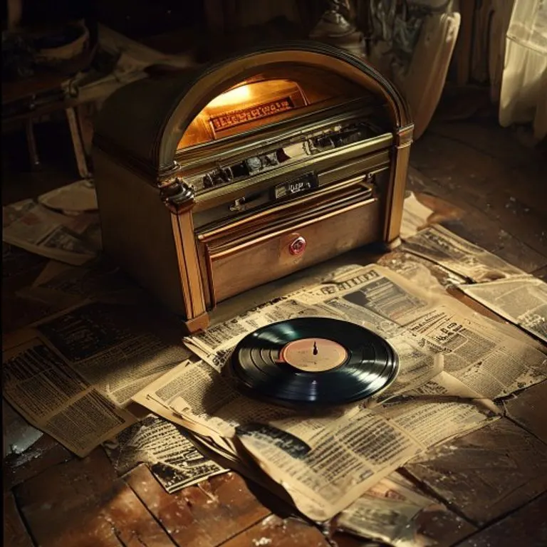 Un antiguo tocadiscos de estilo vintage con un vinilo girando, rodeado de recortes de periódicos descoloridos que detallan el impacto cultural de una obra musical. La iluminación es suave y dramática.