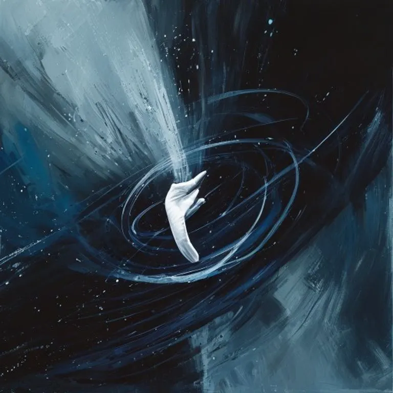 Pintura al óleo conceptual que representa el desafío a la gravedad. Pinceladas dinámicas en tonos oscuros y luminosos se entrelazan, formando una silueta abstracta que se inclina desafiando la lógica, con un sutil brillo metálico que evoca un guante legendario.