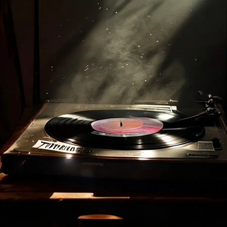 Primer plano de un tocadiscos vintage reproduciendo el álbum Thriller de Michael Jackson, con iluminación dramática.