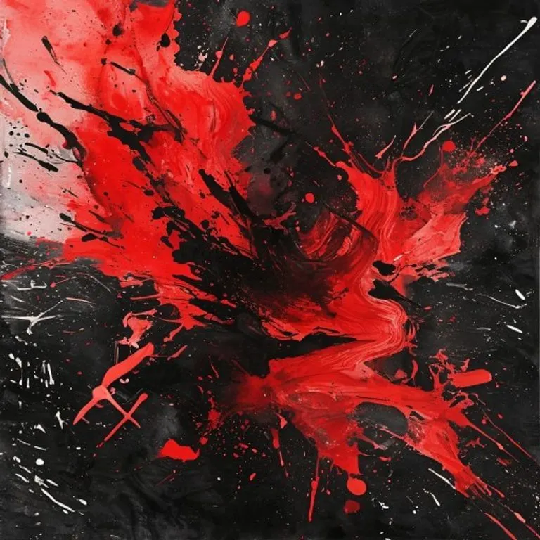 Salpicaduras de acuarela dinámicas en rojo y negro, evocando movimiento frenético y sincronizado.