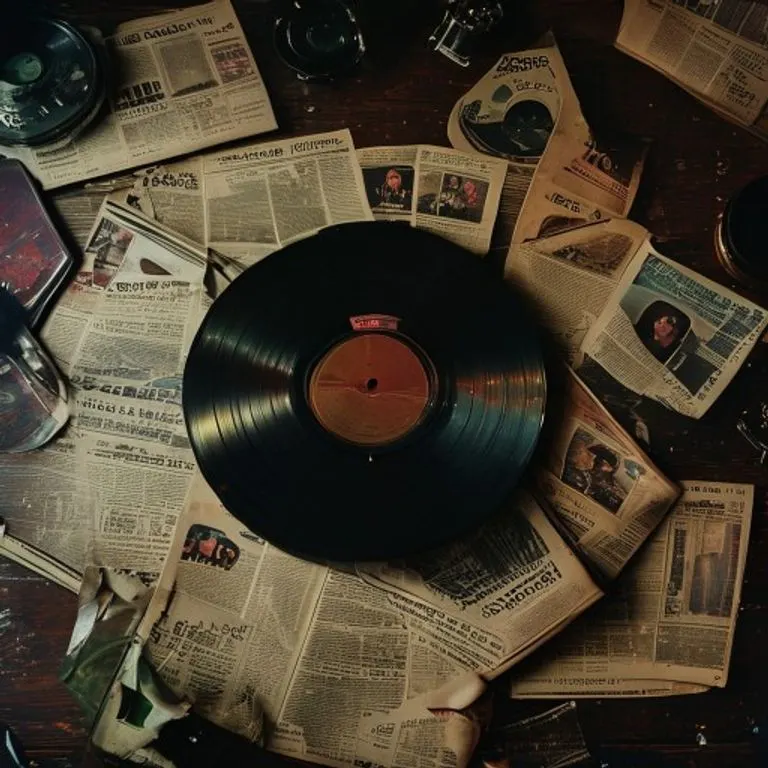Un disco de vinilo vintage del álbum Thriller de Michael Jackson, rodeado de recortes de periódicos y revistas de los años 80, destacando su impacto mediático.