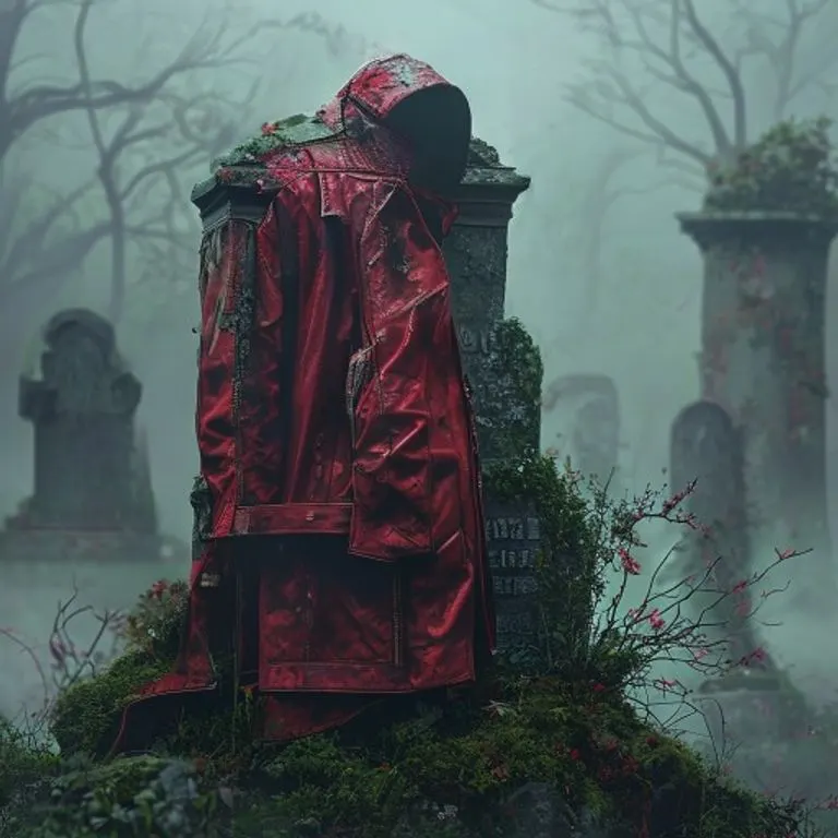 Una ilustración 3D abstracta de una chaqueta de cuero roja icónica, similar a la de Michael Jackson en Thriller, sobre una lápida en un cementerio brumoso, simbolizando su legado.