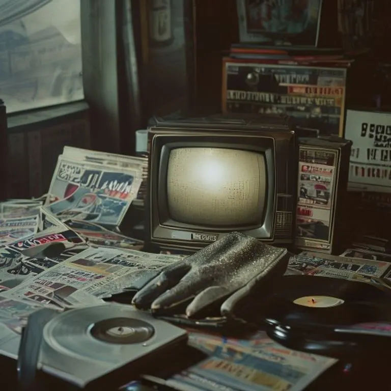 Bodegón cinematográfico de un televisor vintage de los años 80 con estática, rodeado de recortes de periódicos sensacionalistas con titulares borrosos y un guante de lentejuelas desgastado sobre discos de vinilo.