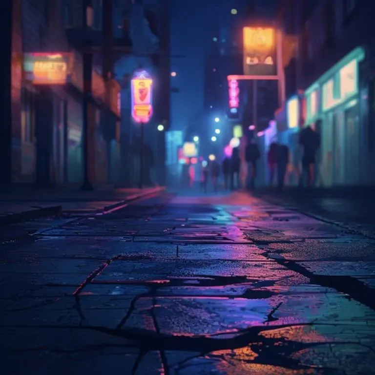 Ilustración conceptual de una calle urbana oscura y húmeda por la noche, con un foco de luz brillante sobre una baldosa agrietada. Siluetas borrosas de paparazzi con teleobjetivos acechan en la distancia, transmitiendo una sensación de persecución y aislamiento.