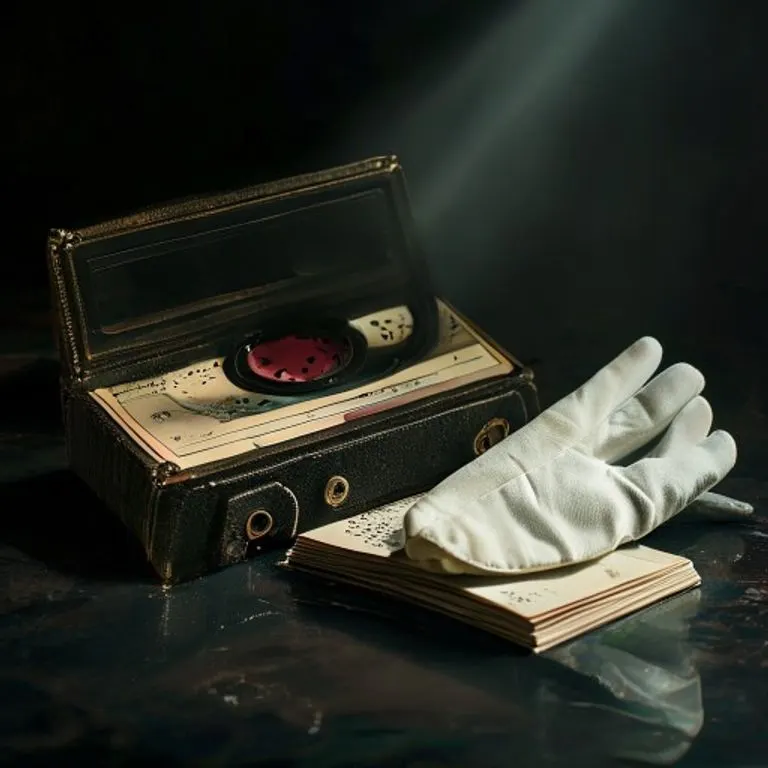 Una cinta de cassette vintage, un diario gastado con escritura borrosa y un guante blanco solitario en una superficie oscura. La escena está iluminada por un foco sutil, creando una atmósfera de misterio y nostalgia.