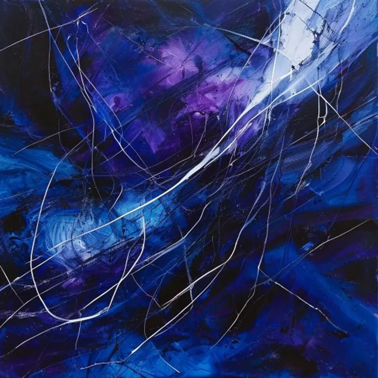 Pintura abstracta al óleo con remolinos de azules y morados oscuros, atravesados por líneas blancas nítidas, evocando misterio y paranoia. Composición dinámica sin figuras reconocibles.