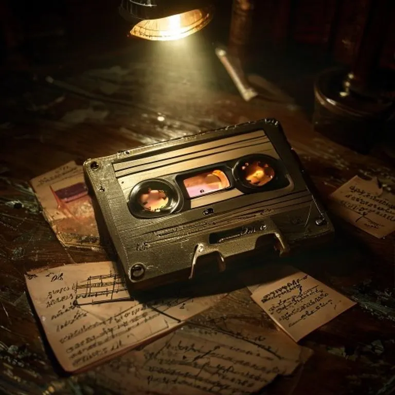 Una cinta de casete vintage de Thriller sobre un escritorio, con notas musicales manuscritas y una luz dramática que resalta su importancia histórica.