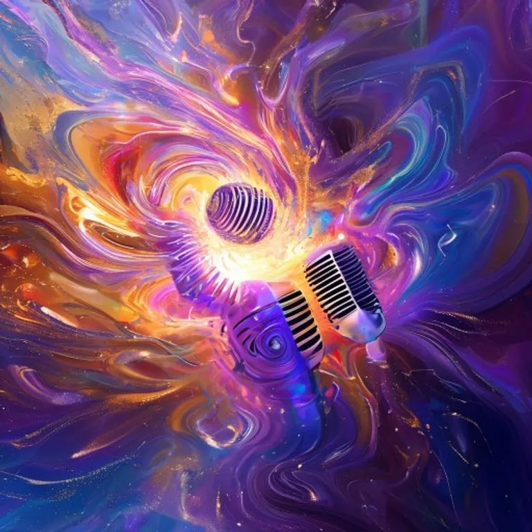 Un vórtice de colores iridiscentes que emana de una forma abstracta de micrófono, simbolizando la influencia musical global y la energía artística de Michael Jackson.
