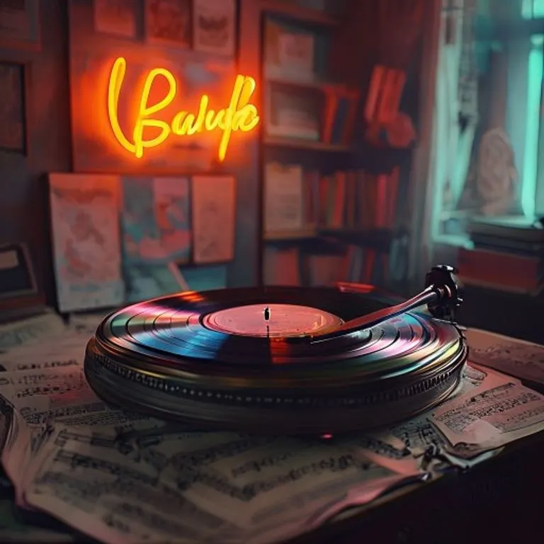 Un vinilo antiguo y brillante girando en un tocadiscos, con una luz de neón difusa en el fondo que evoca la innovación musical y el impacto cultural.