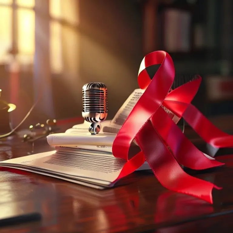 Ilustración 3D de una cinta roja de concienciación sobre el SIDA, rodeada de documentos de investigación y un micrófono, simbolizando el activismo.