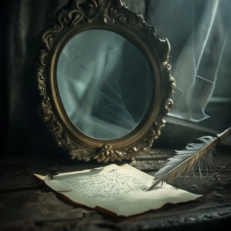 Bodegón cinematográfico de un espejo antiguo ligeramente agrietado, reflejando una luz etérea, junto a una carta a medio escribir con una pluma, simbolizando la introspección y las luchas personales.