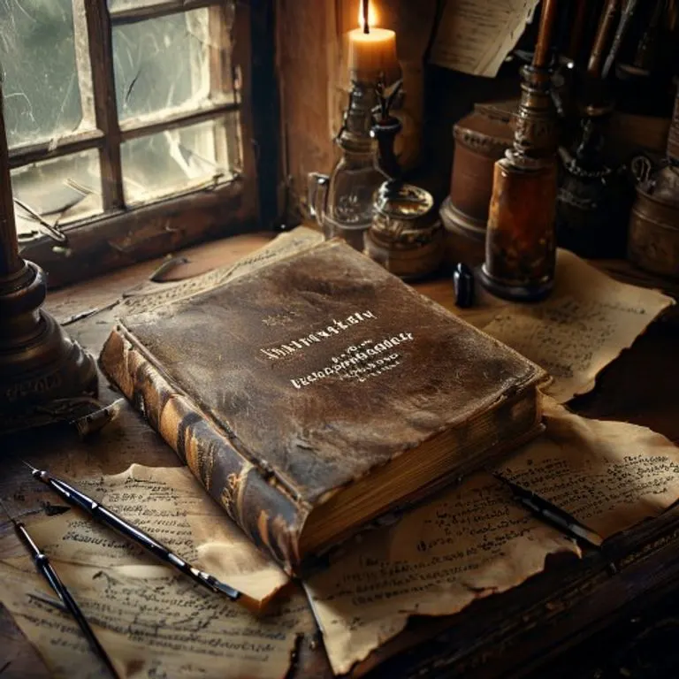 Still life of John Napier's 'Mirifici Logarithmorum Canonis Descriptio' book, quills, and mathematical parchments on an antique desk, symbolizing his intellectual legacy.