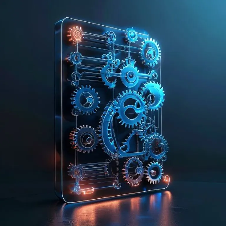 Abstract 3D render illustrating the complex internal mechanisms of a card abacus with interconnected gears and glowing pathways, symbolizing its computational logic.