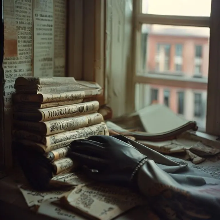A still life arrangement of vintage fashion magazines, a black glove, and a fragmented mirror, symbolizing the media's attention and the complex image of L'Wren Scott.