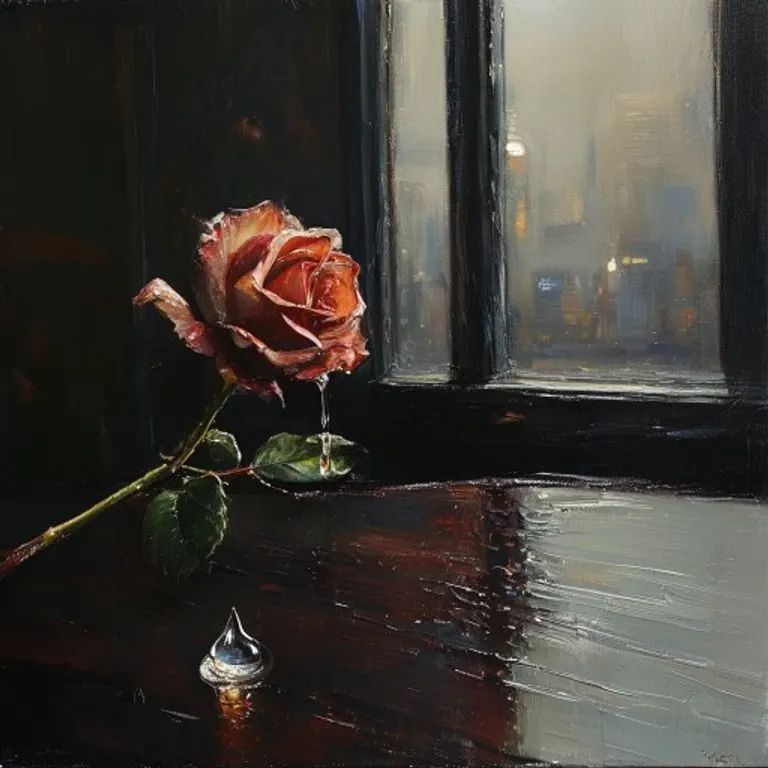 An oil painting depicting a wilting rose on a table with a city skyline in the background, symbolizing the melancholic legacy and introspective nature of L'Wren Scott's story.
