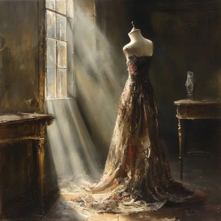 Pintura al óleo de un vestido de alta costura solitario en un atelier con luz tenue, simbolizando el legado y la ausencia de L'Wren Scott.