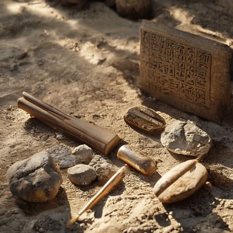 Naturaleza muerta cinematográfica de una colección de artefactos babilonios antiguos: una tablilla de arcilla inscrita con números cuneiformes, un estilete y varias piedras de río pulidas dispuestas como para cálculo sobre una superficie arenosa texturizada. La luz suave y direccional resalta las texturas y las sombras, evocando una sensación de descubrimiento histórico.