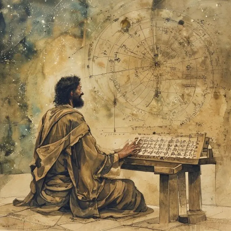 Pintura de acuarela que representa a un erudito en la antigua Mesopotamia, con una representación estilizada y abstracta del sistema numérico sexagesimal fluyendo a su alrededor. El erudito está observando un mapa estelar, conectando el uso del ábaco con la astronomía. Tonos tierra apagados y una cualidad onírica, enfatizando la búsqueda intelectual y el amanecer de las matemáticas.