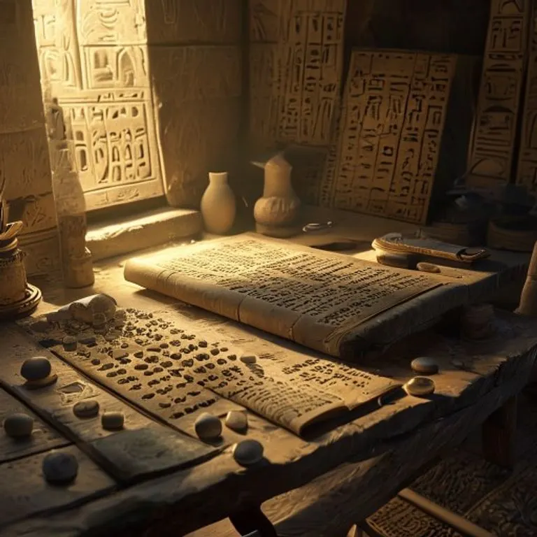 A collection of ancient Egyptian counting disks made from polished stone or clay, arranged on a textured papyrus surface, suggesting their use in numerical operations.