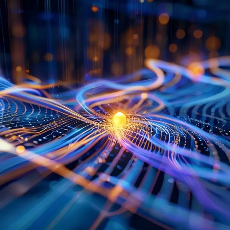 Conceptual art showing intertwining glowing lines forming complex data patterns, with a blurred abacus silhouette in the background and a central golden bead-like sphere, symbolizing the abstract nature of calculation and its digital evolution.