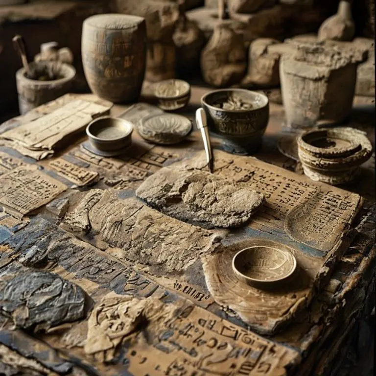 Fotografía vintage de artefactos egipcios antiguos como tablillas y discos, sobre una mesa de madera, evocando el cálculo y la administración en el Antiguo Egipto.