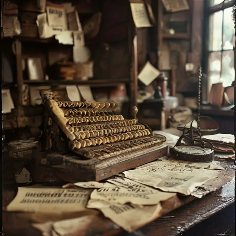 Fotografía de un ábaco ruso antiguo sobre un escritorio de madera, rodeado de libros de contabilidad y una pluma, evocando una escena de oficina soviética.