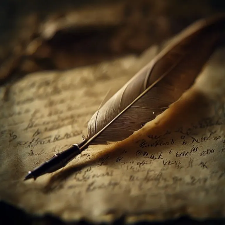 Un primer plano de una pluma de ganso antigua sobre un pergamino amarillento, con una iluminación suave que resalta la textura del papel y la punta de la pluma, simbolizando la escritura y el conocimiento histórico.