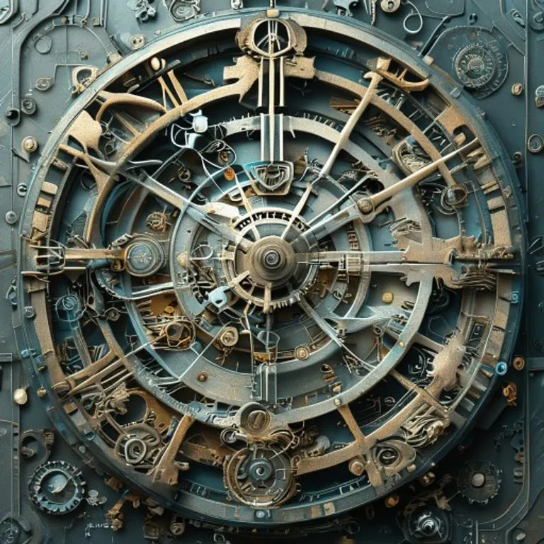 Una intrincada composición de engranajes y mecanismos de reloj, con símbolos astrológicos sutilmente grabados en algunas piezas, flotando en un espacio etéreo con una luz mística, representando la complejidad del destino.