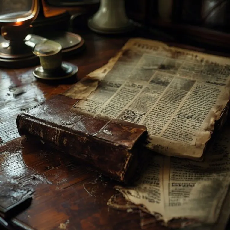 Bodegón de recortes de periódicos antiguos y un libro de cuero sobre un escritorio de madera, simbolizando el impacto mediático y el legado.