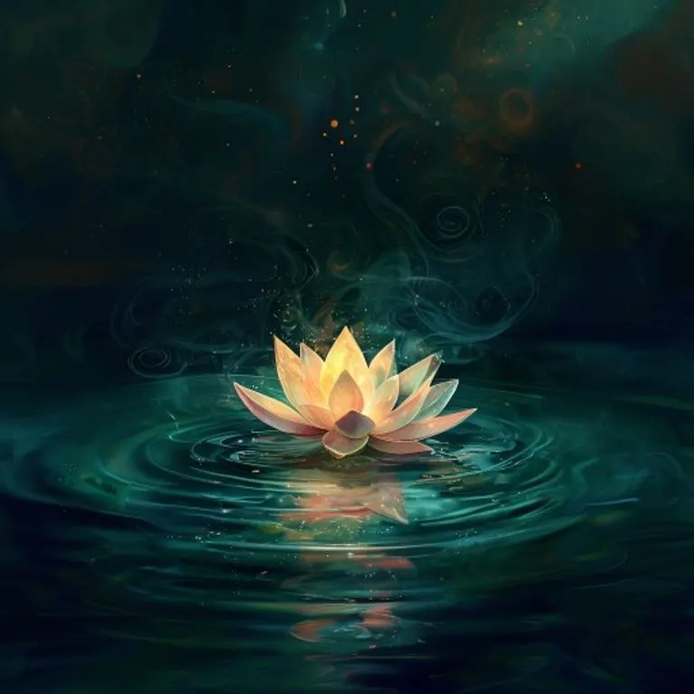 Pintura digital de una flor de loto brillante sobre agua oscura, simbolizando la sabiduría y la serenidad interior.