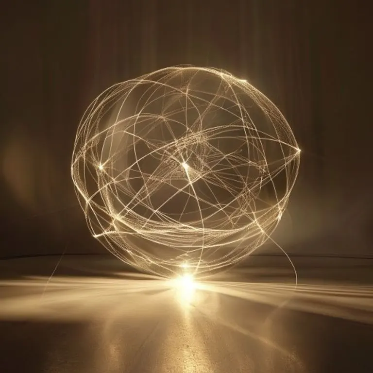 Un orbe abstracto y brillante de hilos de luz interconectados, simbolizando el carisma y la influencia, proyectando sombras dinámicas en un escenario minimalista.