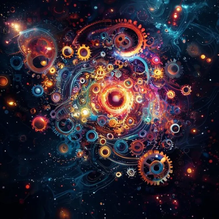 Arte conceptual abstracto de un vórtice de engranajes y circuitos luminosos, representando la complejidad del pensamiento, la innovación y la interconexión de la mente del Mono.