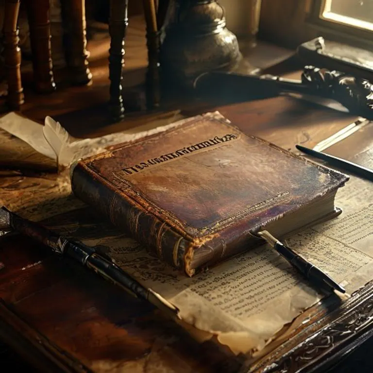 Un antiguo libro de ciencia abierto sobre un escritorio de madera, con plumas y pergaminos, simbolizando el legado intelectual del signo Caballo.