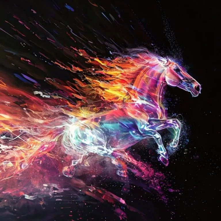 Representación abstracta de caballos galopando con energía luminosa, rompiendo barreras, simbolizando la libertad y el dinamismo del signo Caballo.