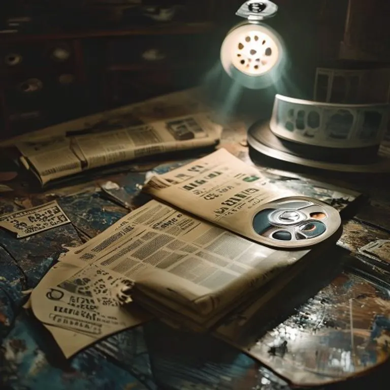 Un antiguo carrete de película y recortes de periódicos esparcidos sobre un escritorio de madera desgastado, iluminados por un foco dramático, en estilo de fotografía cinematográfica.