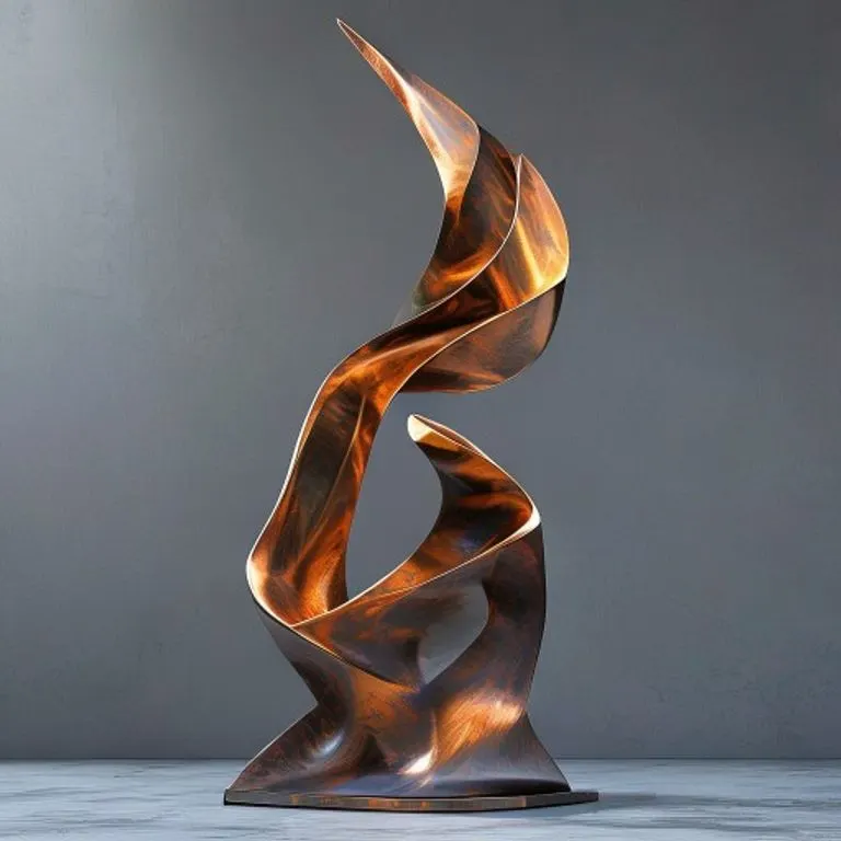 Una escultura abstracta de bronce pulido que representa la ambición y el poder, con líneas dinámicas y fluidas, sobre un fondo minimalista, en estilo de ilustración digital 3D.