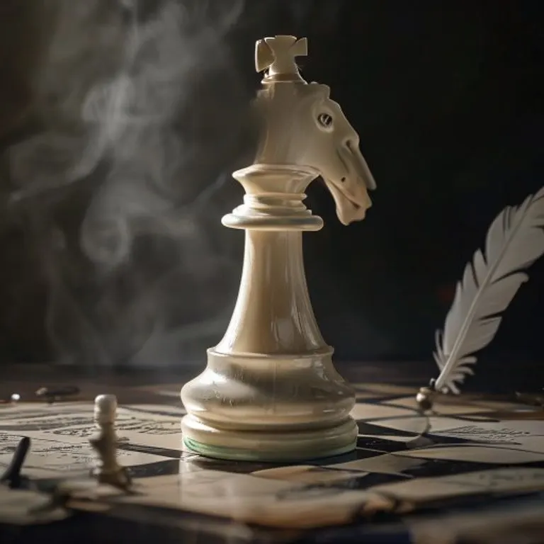 Un tablero de ajedrez antiguo con un caballo blanco destacado, rodeado de documentos estratégicos y una pluma, simbolizando la planificación y el intelecto.