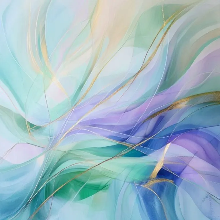 Pintura digital abstracta con líneas fluidas y armoniosas en tonos pastel, entrelazadas con acentos dorados, evocando creatividad y diplomacia.