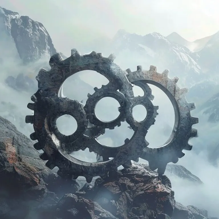Engranajes de piedra pulida girando lentamente pero con gran fuerza, con un fondo de montañas brumosas, evocando la perseverancia inquebrantable y la fuerza interior de los individuos Buey.
