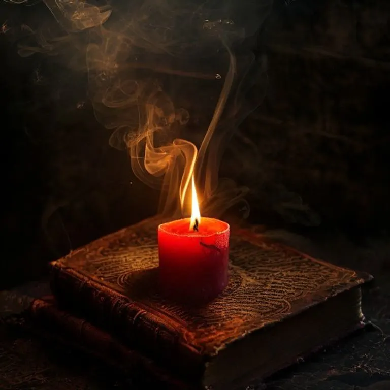 Una vela roja encendida sobre un libro antiguo de cuero, con humo etéreo que se eleva, simbolizando sabiduría y pasión.