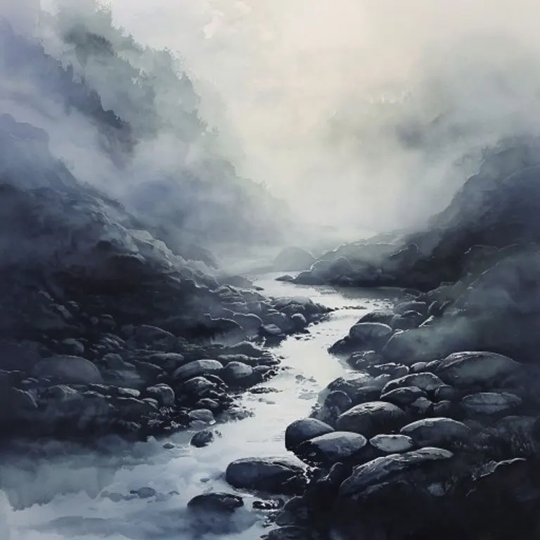 Pintura de acuarela de un paisaje brumoso con un río sinuoso, evocando tranquilidad e introspección.