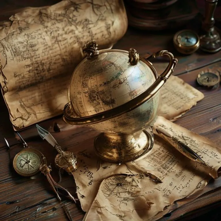 Fotografía vintage de un antiguo globo celestial con accesorios de latón, sobre un escritorio de madera gastada. Alrededor, pergaminos enrollados y atados con cordel, una pluma de ave y una pequeña brújula ornamentada. La escena está bañada por una luz suave y cálida, evocando sabiduría y estudio.