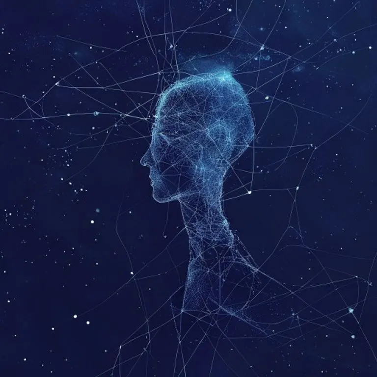 Arte conceptual minimalista de hilos cósmicos o líneas de luz interconectadas, formando sutilmente el contorno de una figura humana o un cerebro, contra un fondo azul índigo oscuro y estrellado. Los hilos sugieren el destino y la elección, con algunas líneas divergiendo y otras convergiendo, enfatizando la interacción entre caminos predeterminados y decisiones personales.