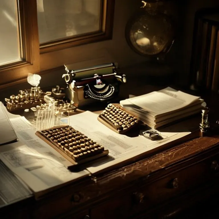 Bodegón cinematográfico de un escritorio organizado con máquina de escribir antigua y documentos.
