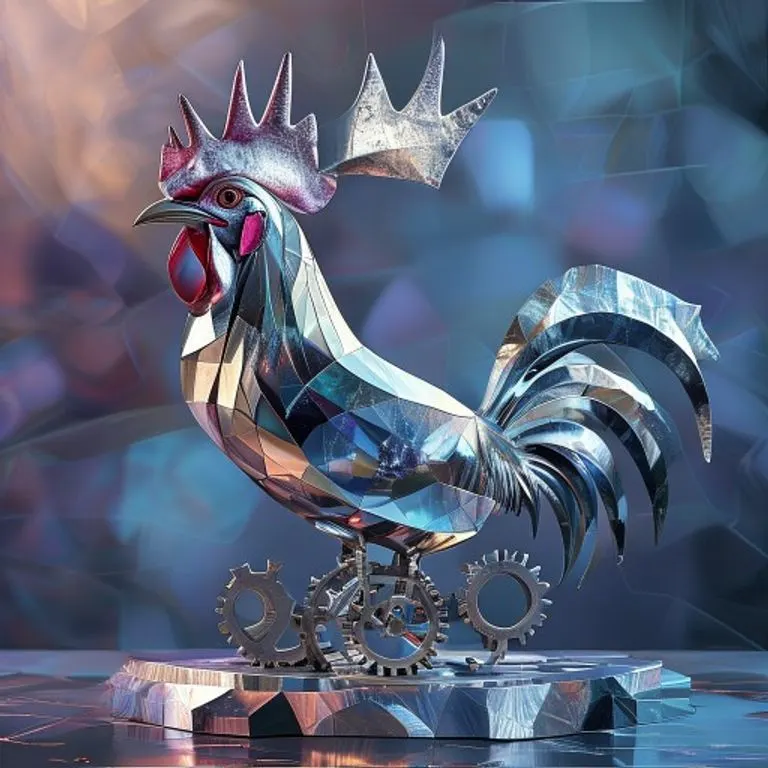 Arte conceptual abstracto de un peine de gallo metálico sobre engranajes, simbolizando organización y tiempo.